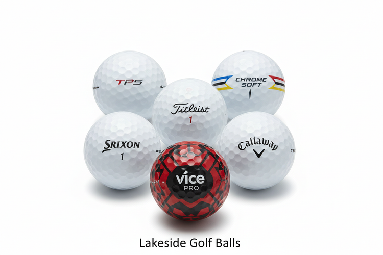 Selection of new and used golf balls from major brands including Titleist, TaylorMade, Callaway, and Srixon on a green grass background.