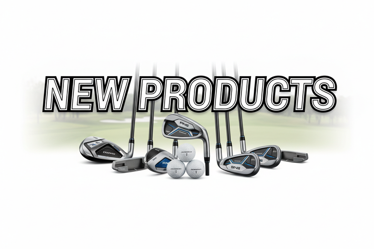 Banner showing newest golf and padel products, including clubs, apparel, and accessories