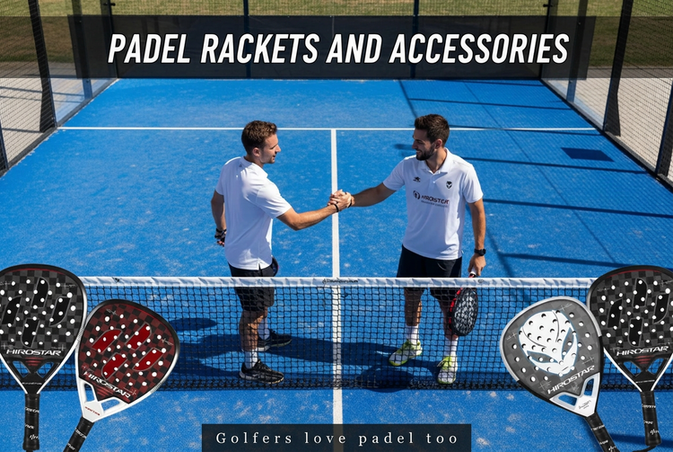 Assorted padel, tennis, squash, and badminton rackets, sportswear, accessories, and court shoes displayed for UK players.