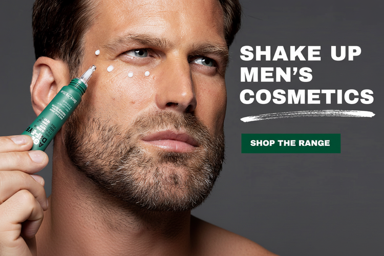Shake Up Men's Cosmetics collection - premium men's skincare and grooming sets displayed on a golf-themed background