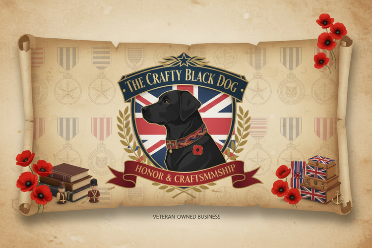 Hand-decorated military memorabilia gifts including regimental water bottles, travel mugs, and keyrings by The Crafty Black Dog—a veteran-owned business supporting UK armed forces.