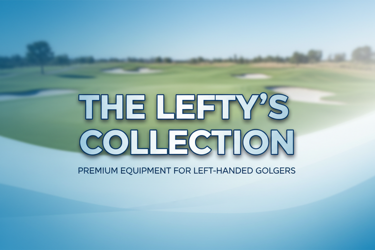 Assorted left-handed golf clubs and complete sets with bags from top brands displayed on a green background