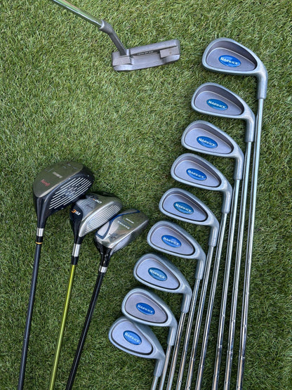 Warwick Iron Set (3–SW) + Mizuno F-60 3 Wood + Hybrid + Putter + TaylorMade Cart Bag