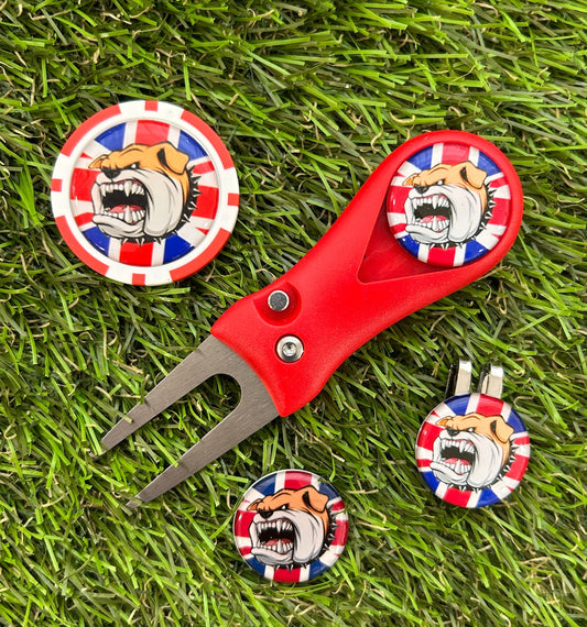 Golf plastic Pitchfork Magnetic Hat Clip With 3 British Bull Dog Markers And Poker chip