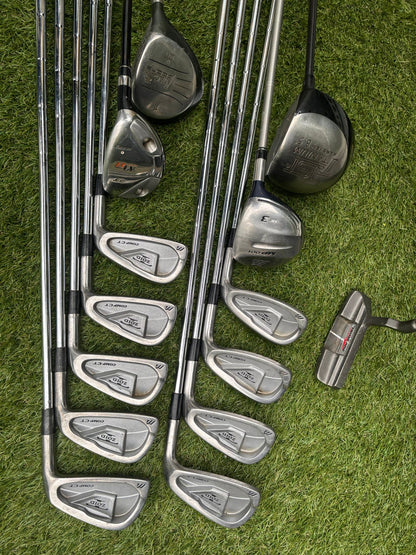 Mizuno Zoid Comp CT Irons + Titleist & Cobra Drivers + Mizuno Woods + Tail Moore Putter + PowaKaddy Cart Bag – 14 Clubs