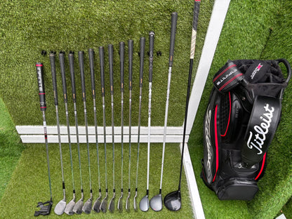 Mizuno Widec II Irons, Titleist 913 Driver, Callaway X Hot Woods, Wilson Infinite Putter & Titleist StaDry Cart Bag