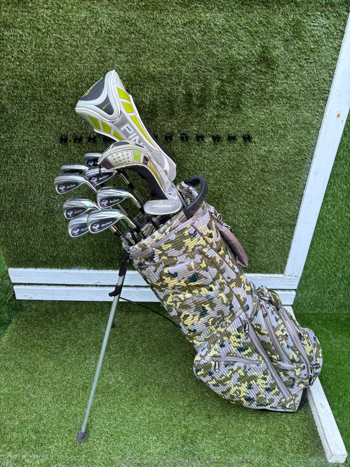 MacGregor V-Foil M565 Irons, Ping Driver, Ping Hybrid, TaylorMade Putter & Premium OUUL Camouflage Stand Bag