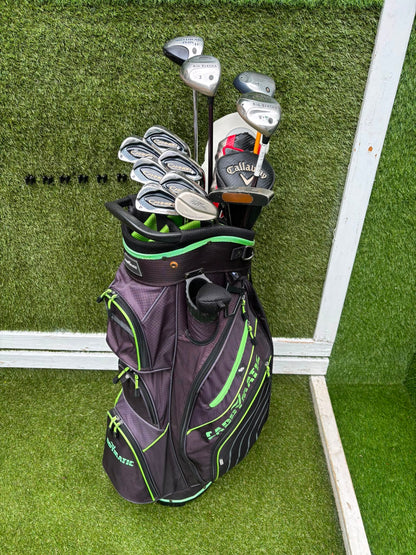 Callaway Big Bertha Woods, Spalding Cannon Irons (5–PW), Tad Moore Wedge & Caddymatic Cart Bag