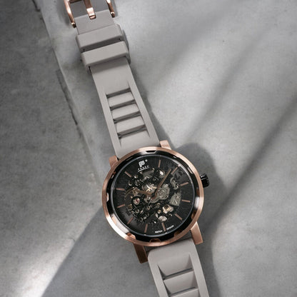 PUNCH Mens Watch, Rose Gold & Black Skeleton Automatic Watch - Grey Rubber Strap