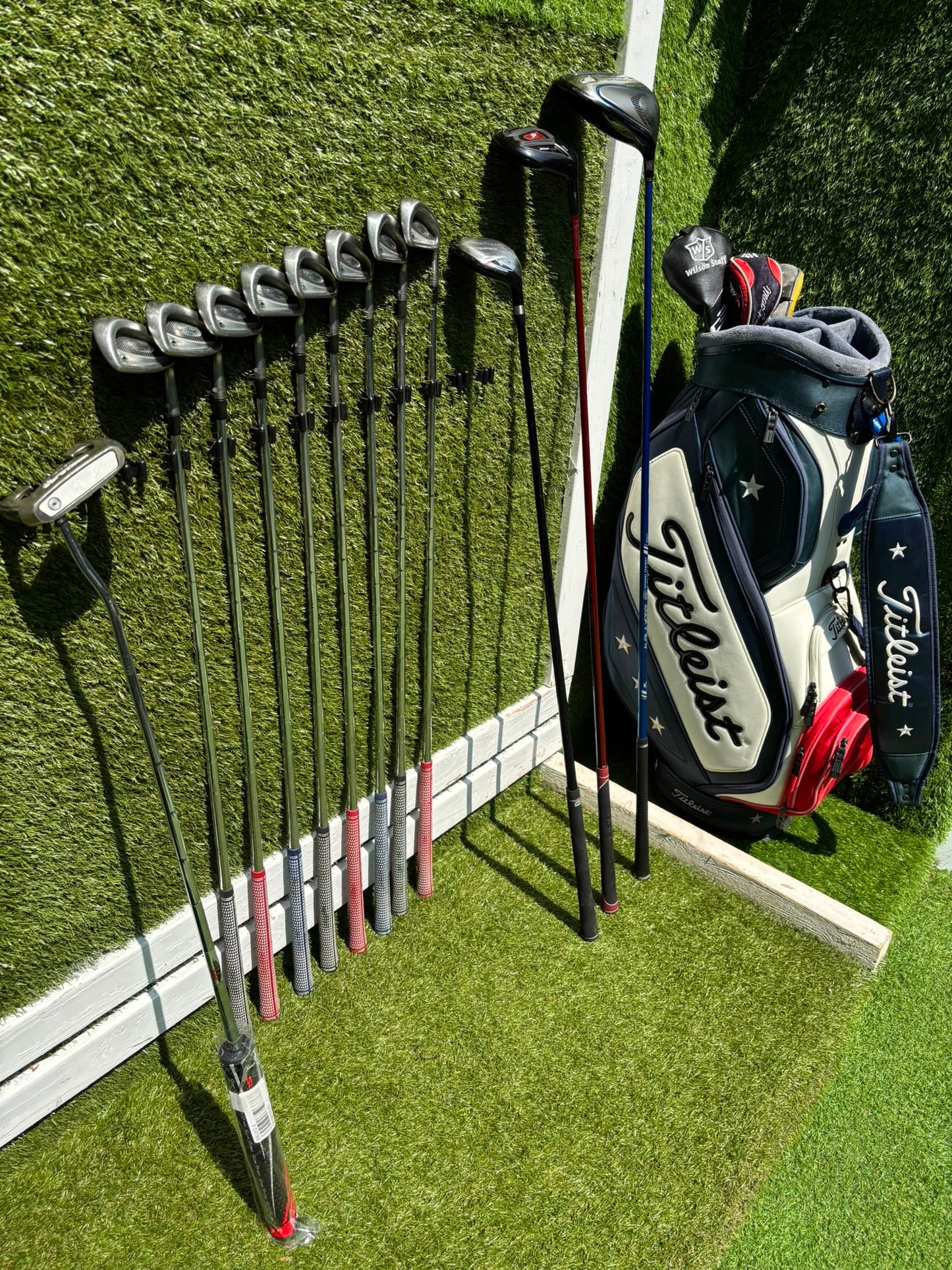 Titleist DCI 762 Irons, Cobra Driver, Odyssey White Ice Teron & Titleist Stars & Stripes Cart Bag