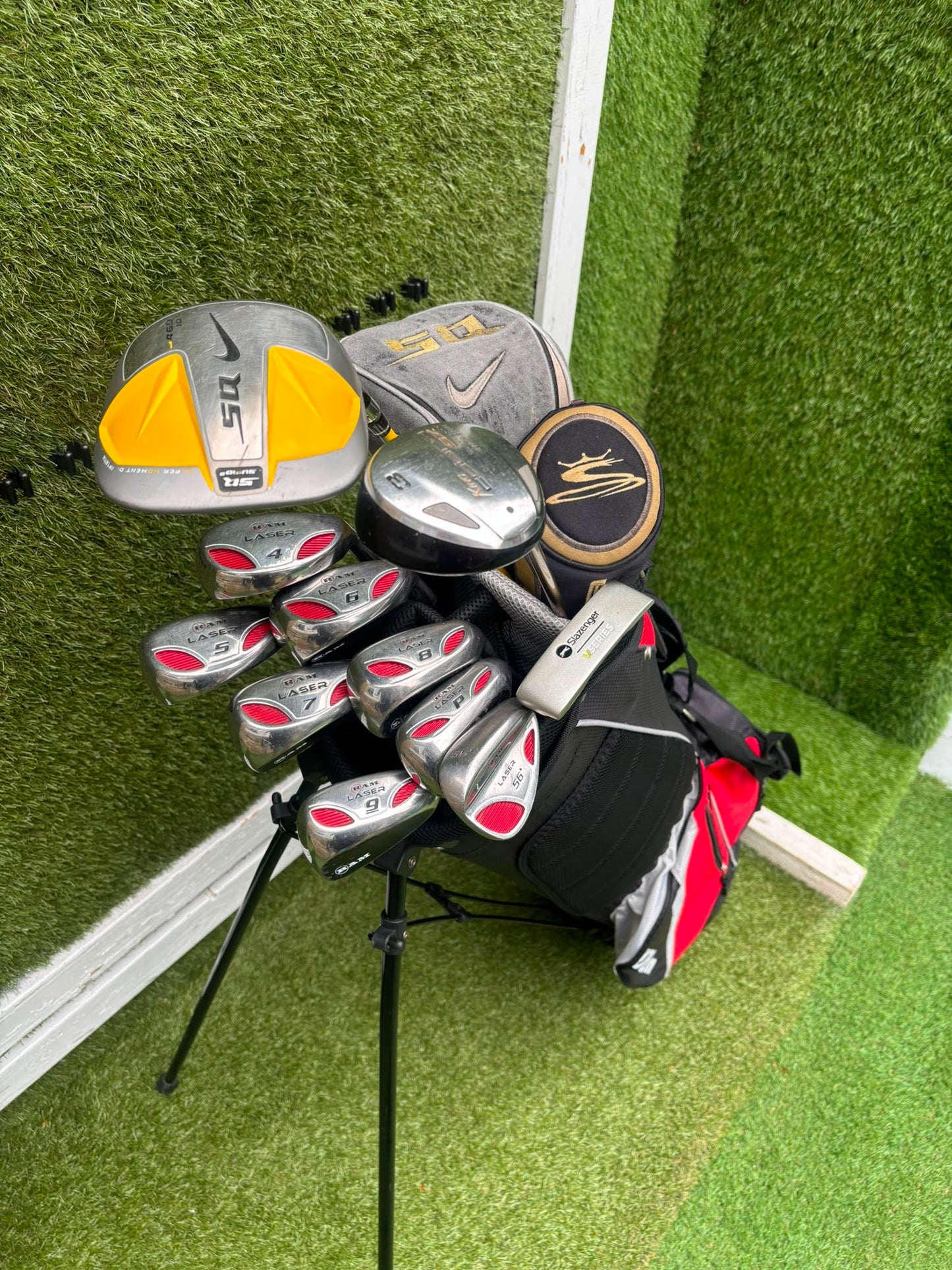 RAM Laser Hybrid Irons, Nike SQ Sumo² Driver, Cobra SZ Fairway Wood, Slazenger V Series Putter & Wilson Tour RX Stand Bag