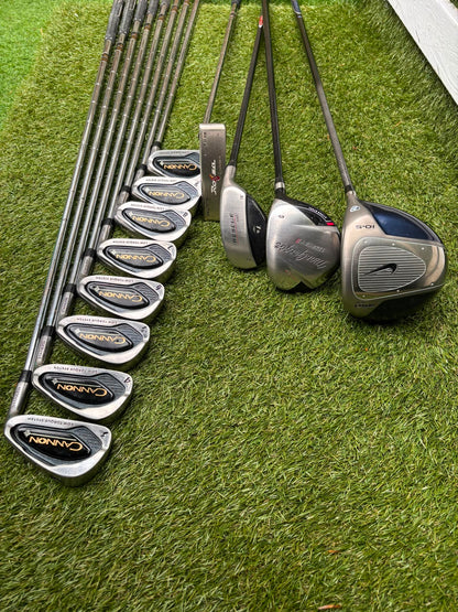 Nike Ignite Dymo² Driver, Spalding Cannon Irons (3–9, SW), TaylorMade Rescue & Rossa Putter | Callaway Stand Bag