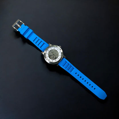 PUNCH Mens Watch, Silver & White Skeleton Automatic Watch - Blue Rubber Strap