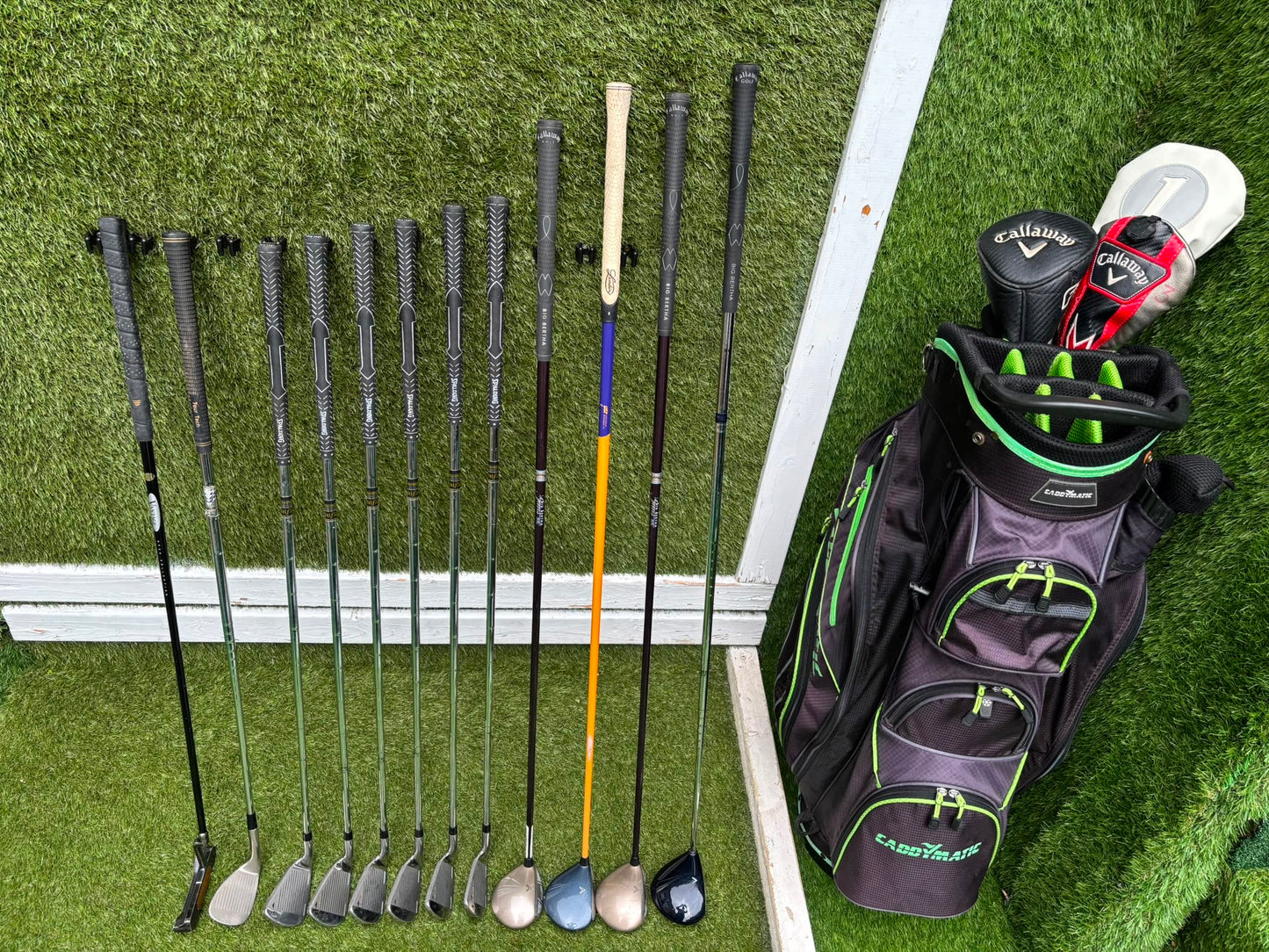 Callaway Big Bertha Woods, Spalding Cannon Irons (5–PW), Tad Moore Wedge & Caddymatic Cart Bag