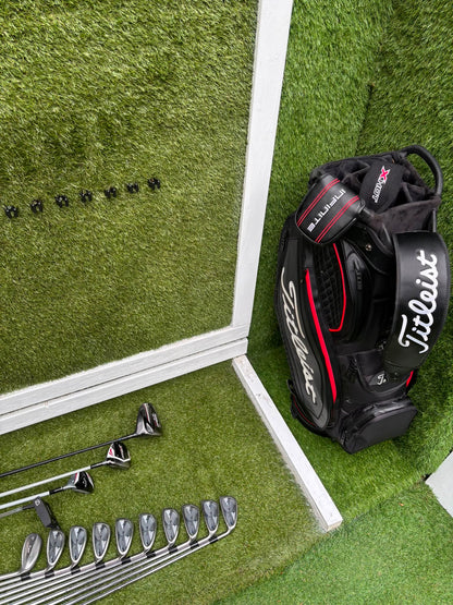 Mizuno Widec II Irons, Titleist 913 Driver, Callaway X Hot Woods, Wilson Infinite Putter & Titleist StaDry Cart Bag