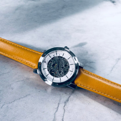 PUNCH Mens Watch, Silver & White Skeleton Automatic Watch - Tan Leather Strap