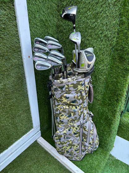 MacGregor V-Foil M565 Irons, Ping Driver, Ping Hybrid, TaylorMade Putter & Premium OUUL Camouflage Stand Bag