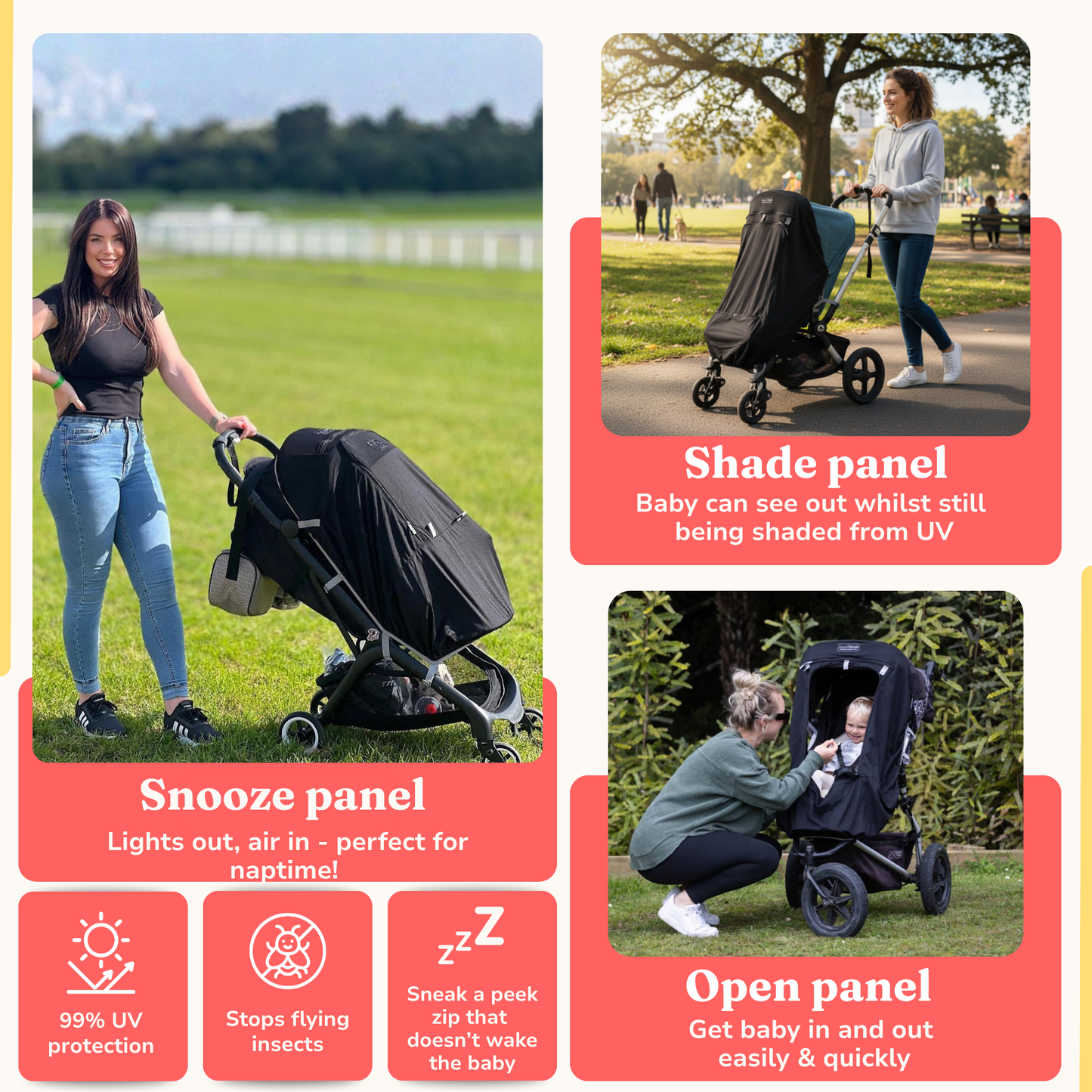 SnoozeShade Plus Extra: sun and sleep shade and insect net for buggies and pushchairs