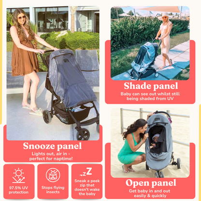 SnoozeShade Plus Deluxe: premium sun and sleep shade and insect net for buggies and pushchairs