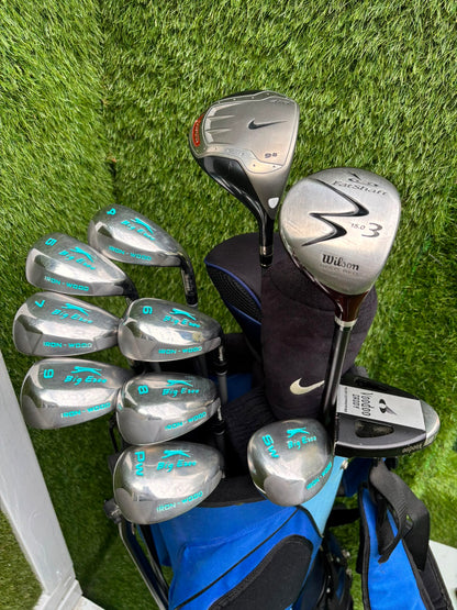Slazenger Iron-Woods, Nike Driver, Wilson Fairway Wood, Voodoo Daddy Putter & Stand Bag