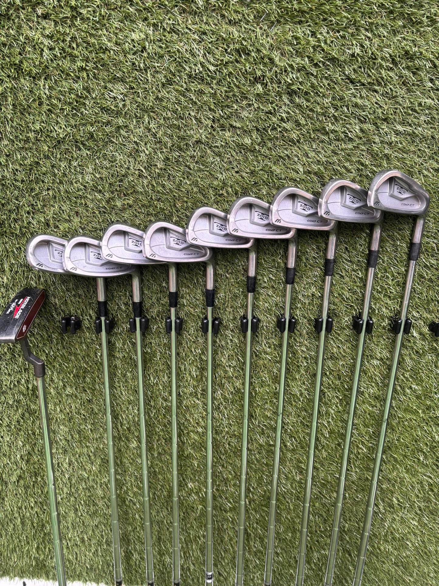 Mizuno Zoid Comp CT Irons + Titleist & Cobra Drivers + Mizuno Woods + Tail Moore Putter + PowaKaddy Cart Bag – 14 Clubs