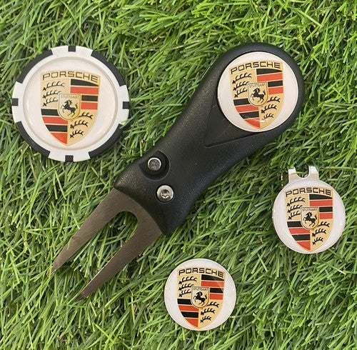 Porsche Pitchfork Poker chip Hat clip and 3 white Porsche Marker - FRE