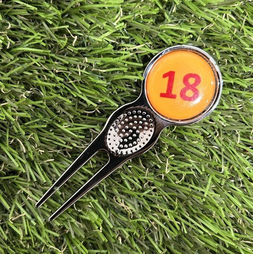 18 HOLE YELLOW FLAG WITH RED WRITING BALL MARKER AND PITCH REPAIR TOOL
