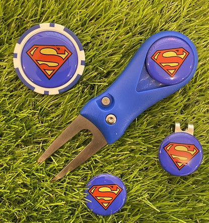 Golf Pitchfork Magnetic Hat Clip With 3 Superman Markers And Poker Chip