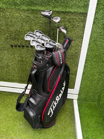 Mizuno Widec II Irons, Titleist 913 Driver, Callaway X Hot Woods, Wilson Infinite Putter & Titleist StaDry Cart Bag