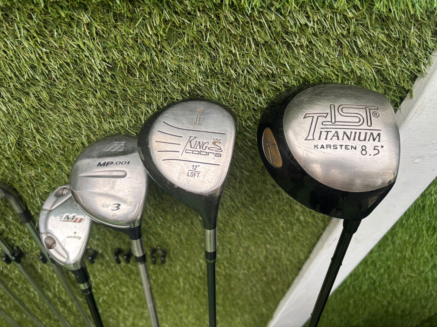 Mizuno Zoid Comp CT Irons + Titleist & Cobra Drivers + Mizuno Woods + Tail Moore Putter + PowaKaddy Cart Bag – 14 Clubs