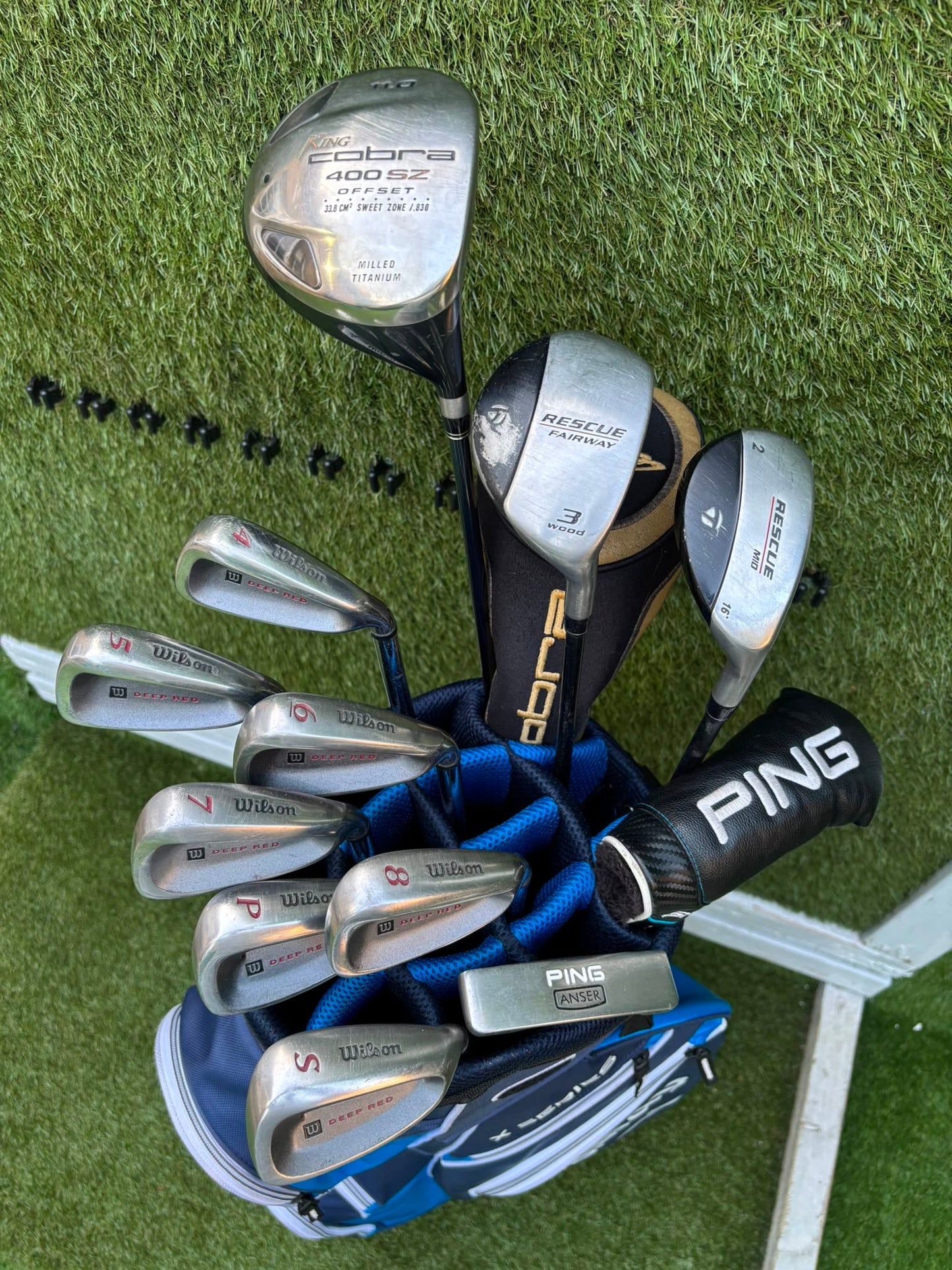 Wilson Deep Red Irons, Cobra Driver, TaylorMade Wood, TaylorMade Hybrid, Ping Putter Callaway Cart Bag