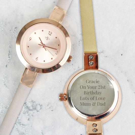 Personalised Rose Gold With Faux Leather Strap Ladies Watch