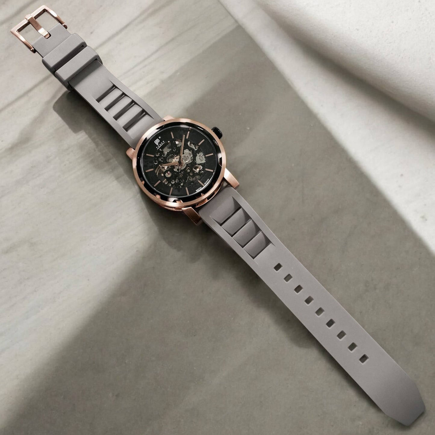 PUNCH Mens Watch, Rose Gold & Black Skeleton Automatic Watch - Grey Rubber Strap