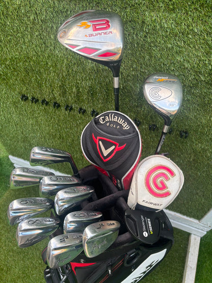 Wilson 3–SW Irons, TaylorMade Driver, Cleveland Fairway, Slazenger Putter & Titleist Cart Bag
