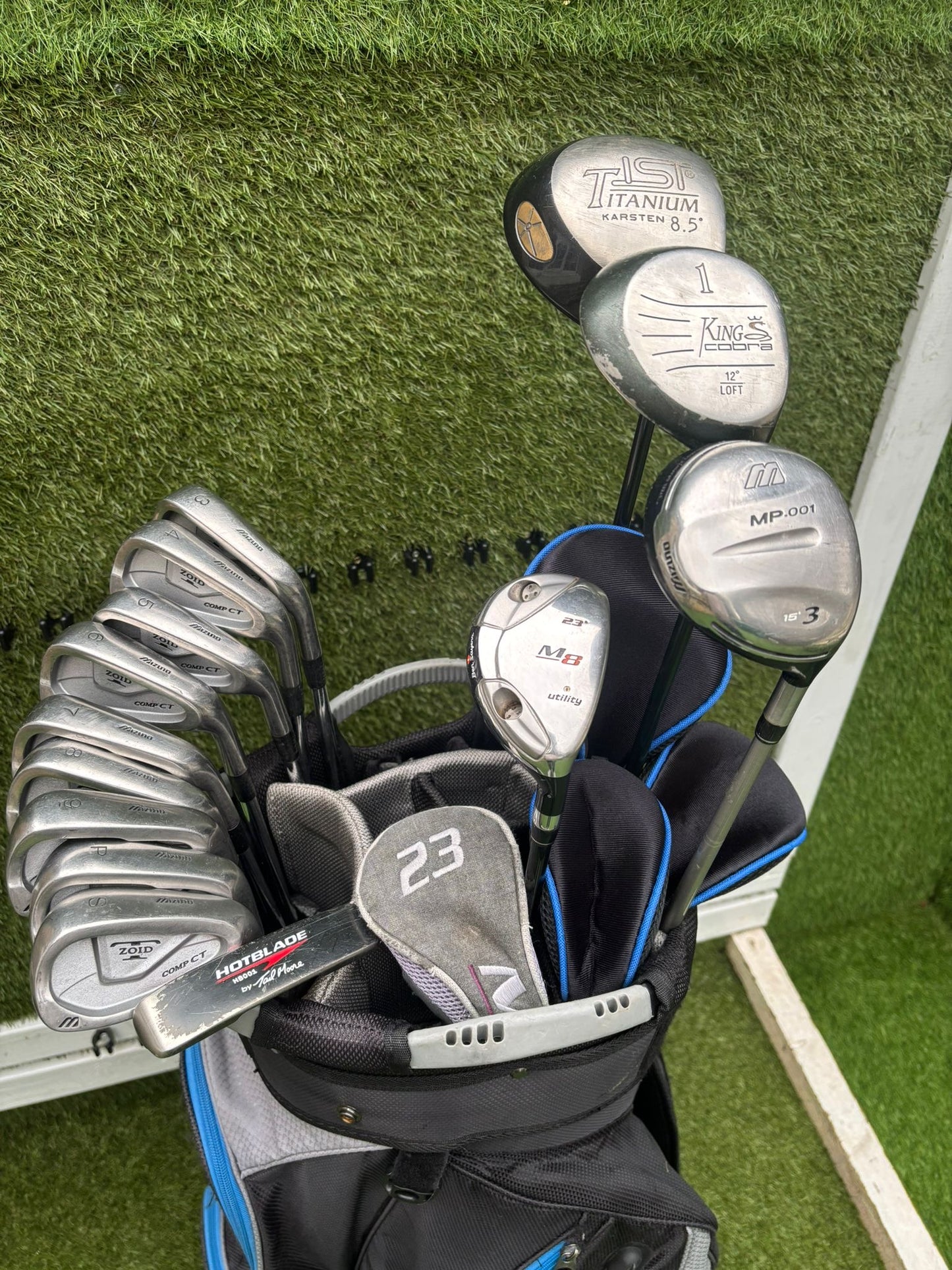 Mizuno Zoid Comp CT Irons + Titleist & Cobra Drivers + Mizuno Woods + Tail Moore Putter + PowaKaddy Cart Bag – 14 Clubs