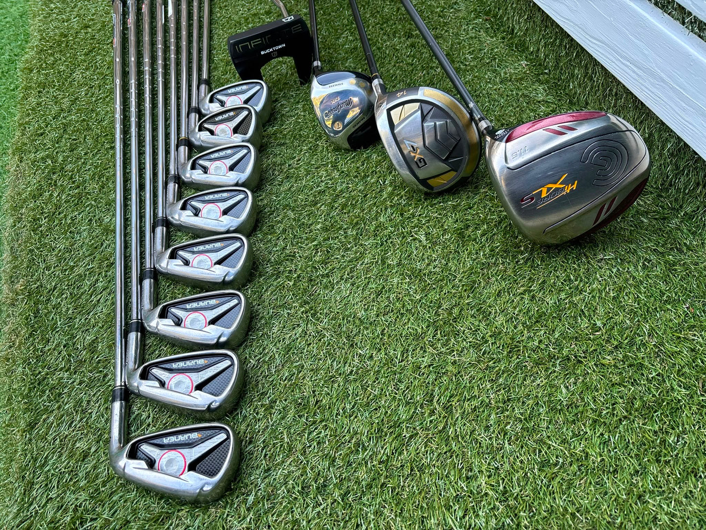 TaylorMade Irons, Cleveland Driver, GX-7 Wood, MacGregor 7 Wood, Wilson Putter & Ping Stand Bag