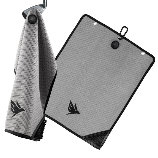 SWIFTEE Ultimate 4-in-1 Premium Golf Towel Grey - Includes Brush, Magnet, Wet/Dry Liner, Ball Marker and Caribiner Clip