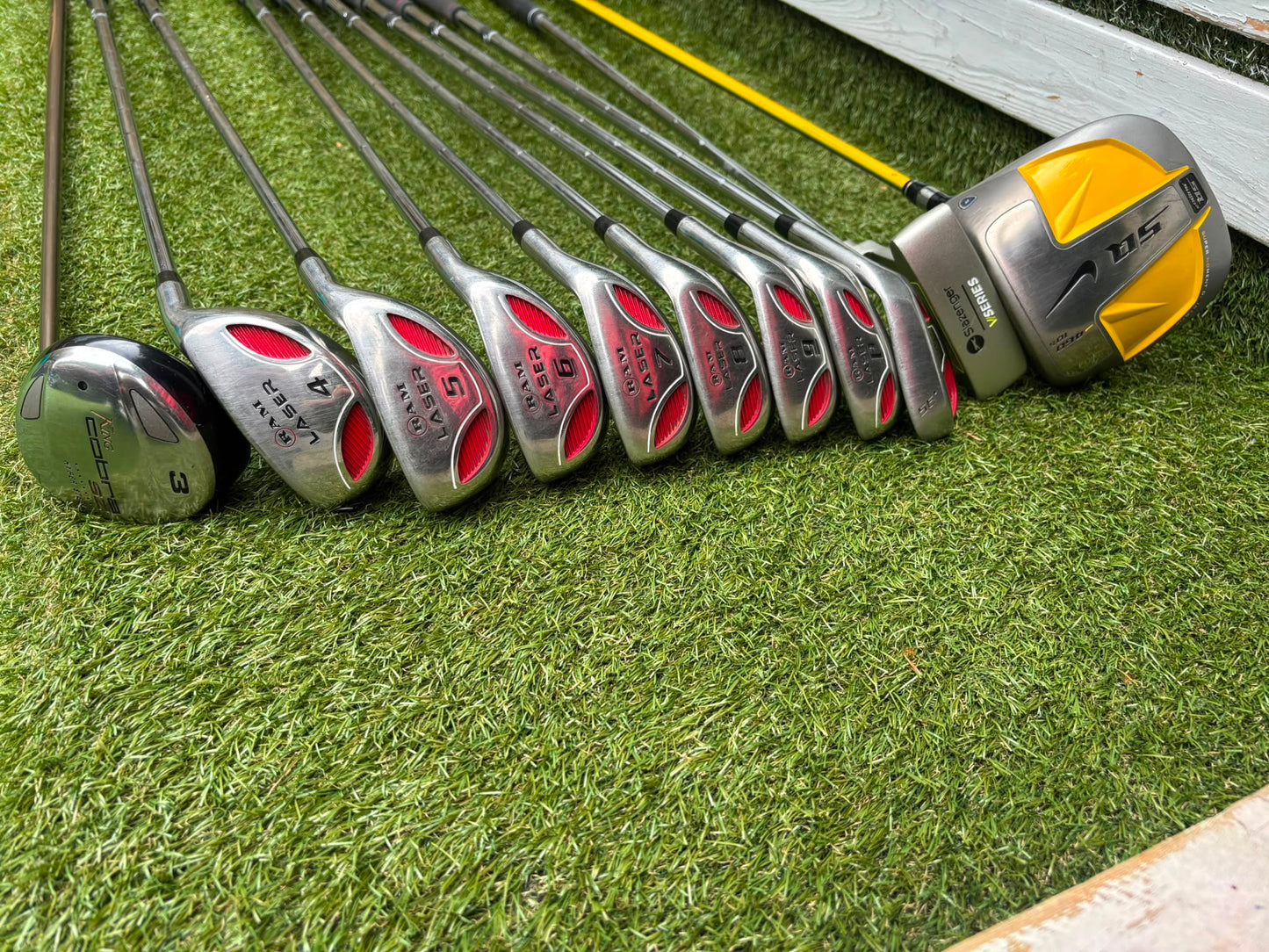 RAM Laser Hybrid Irons, Nike SQ Sumo² Driver, Cobra SZ Fairway Wood, Slazenger V Series Putter & Wilson Tour RX Stand Bag