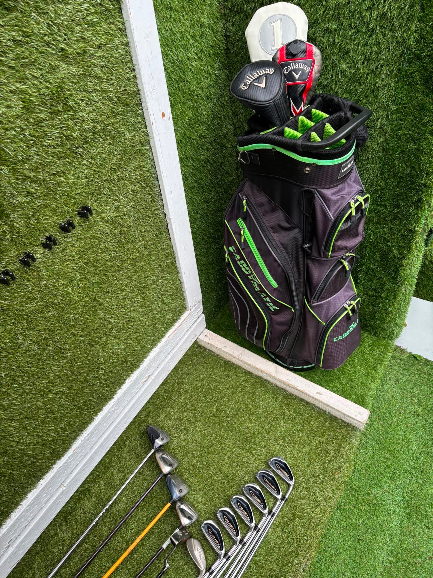 Callaway Big Bertha Woods, Spalding Cannon Irons (5–PW), Tad Moore Wedge & Caddymatic Cart Bag