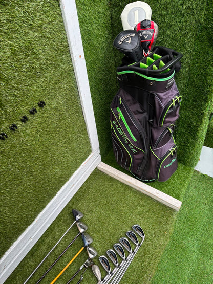 Callaway Big Bertha Woods, Spalding Cannon Irons (5–PW), Tad Moore Wedge & Caddymatic Cart Bag