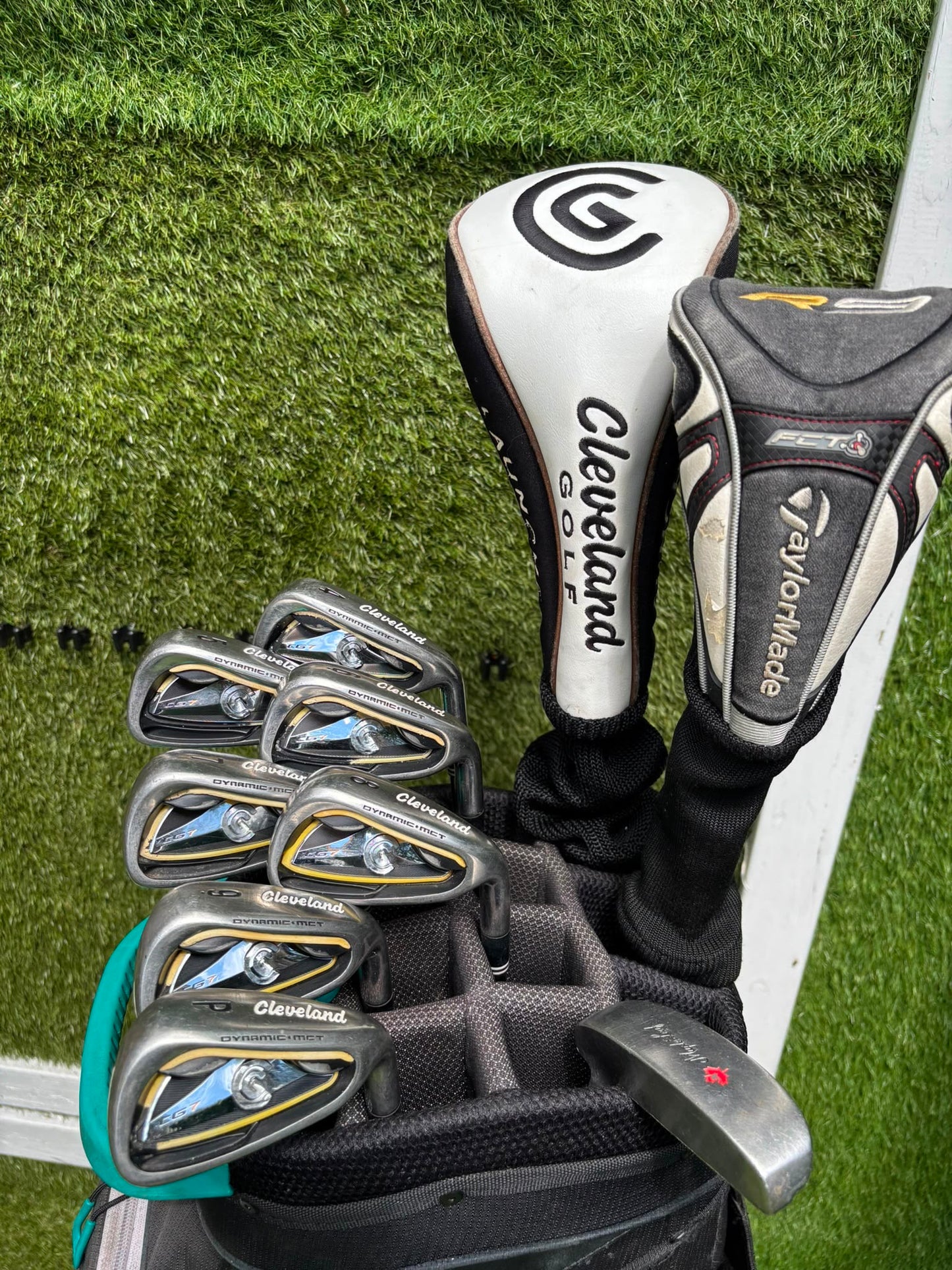 Cleveland CG7 Tour Irons, TaylorMade R9 Hybrid, Cleveland Launcher Driver & Ping Bag