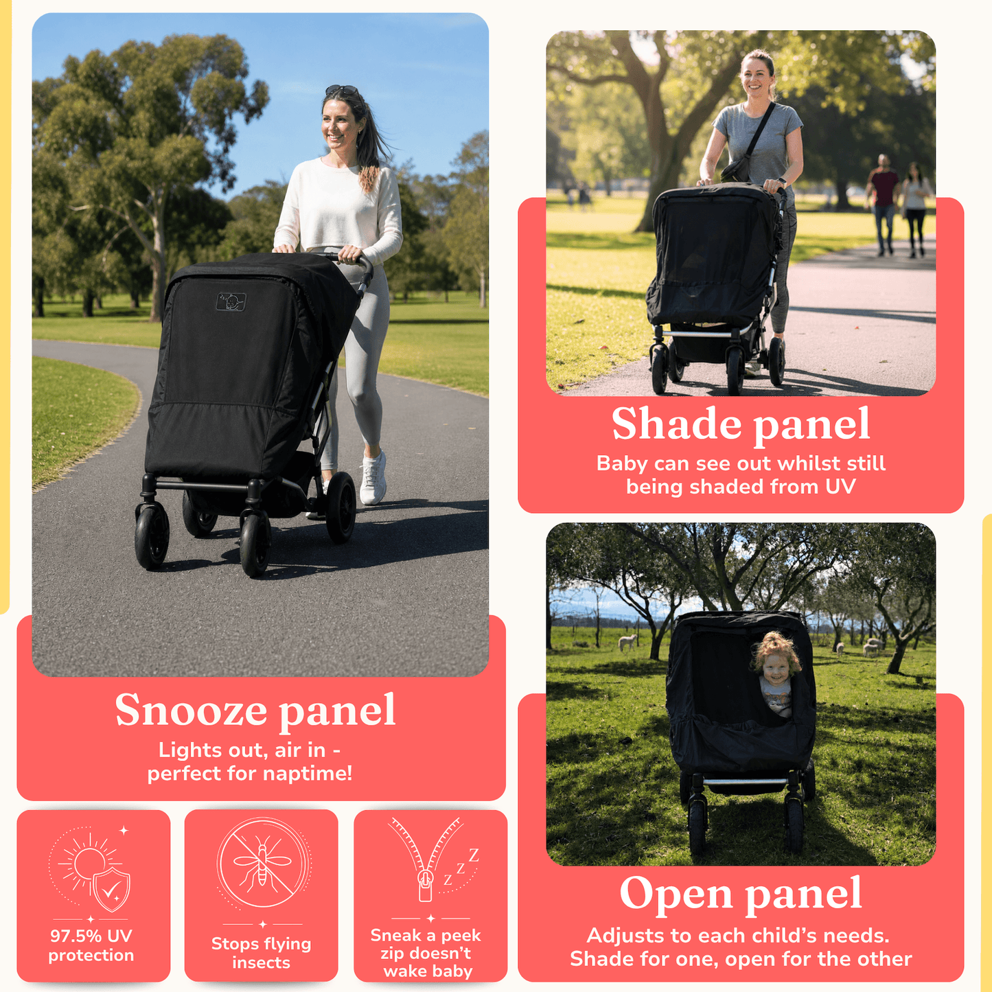 SnoozeShade Twin Extra: sun and sleep shade and insect net for side-by-side double buggies and strollers
