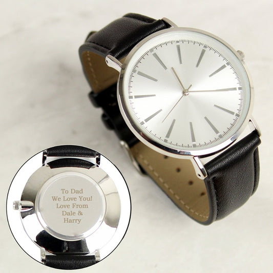 Personalised Silver With Black Leather Strap Watch