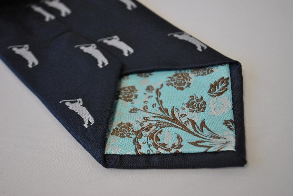 navy tie with golf player silhouette design