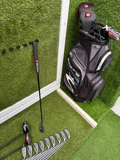 Wilson FatShaft Irons, Wilson Deep Red Driver, Wilson Deep Red 1 Wood, Benross MDX Tribe Putter & Cobra Cart Bag