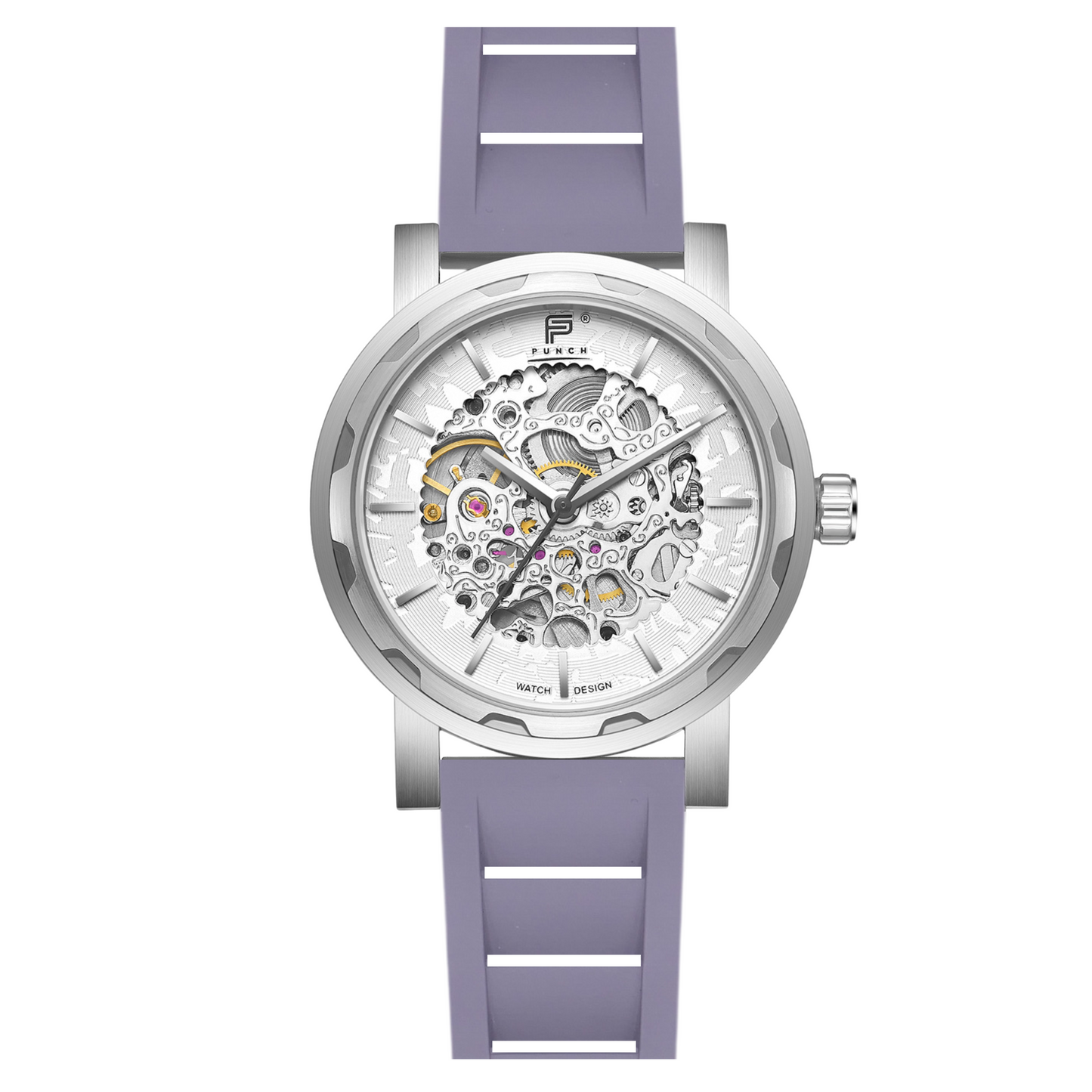 PUNCH Mens Watch, Silver & White Skeleton Automatic Watch - Grey Rubber Strap