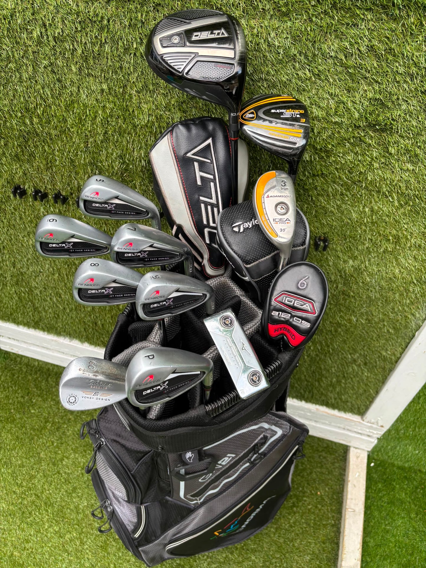 Benross Delta X Irons, Delta Driver, Adams Idea Pro Hybrid, Mizuno M-Craft IV, Vokey SM6 & Greg Norman Cart Bag