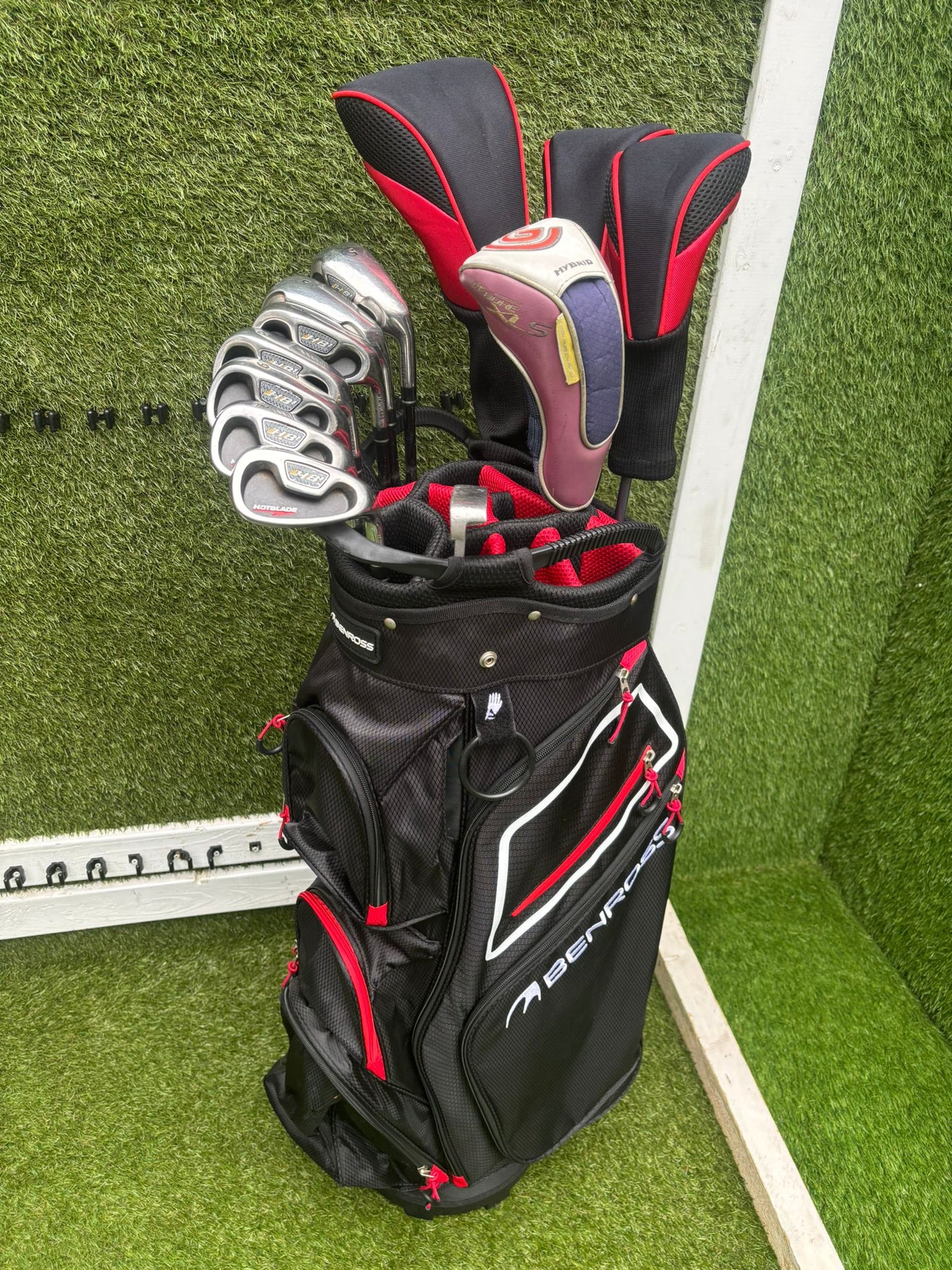 Wilson HotBlade Irons (5–SW) with Dunlop XPT Driver, Callaway & Mizuno Woods, Cleveland Hybrid Benross Cart Bag (12 Clubs)