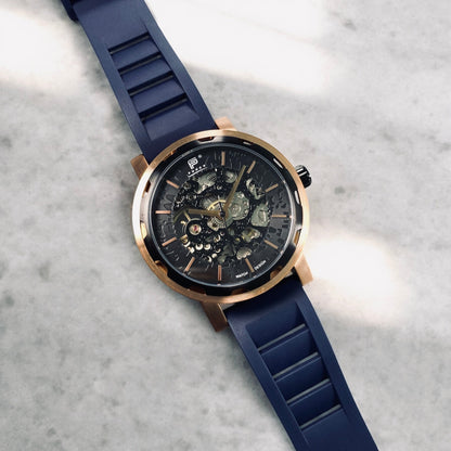 PUNCH Mens Watch, Rose Gold & Black Skeleton Automatic Watch - Navy Rubber Strap