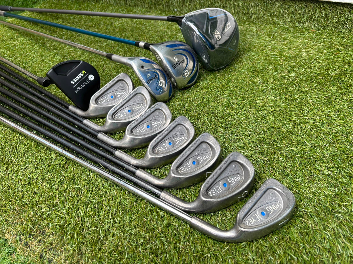 Ping Eye2+ Blue Dot Graphite Irons, Brand New Wilson D7 Driver, Ping G5 Woods & Ping Traverse Cart Bag
